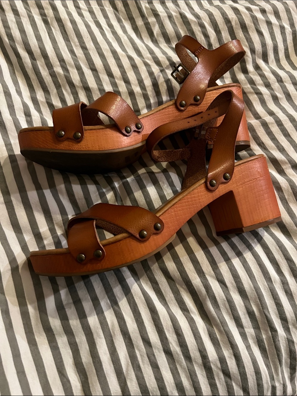 MIA Tan Brown Leather Platform Block Heel Sandals